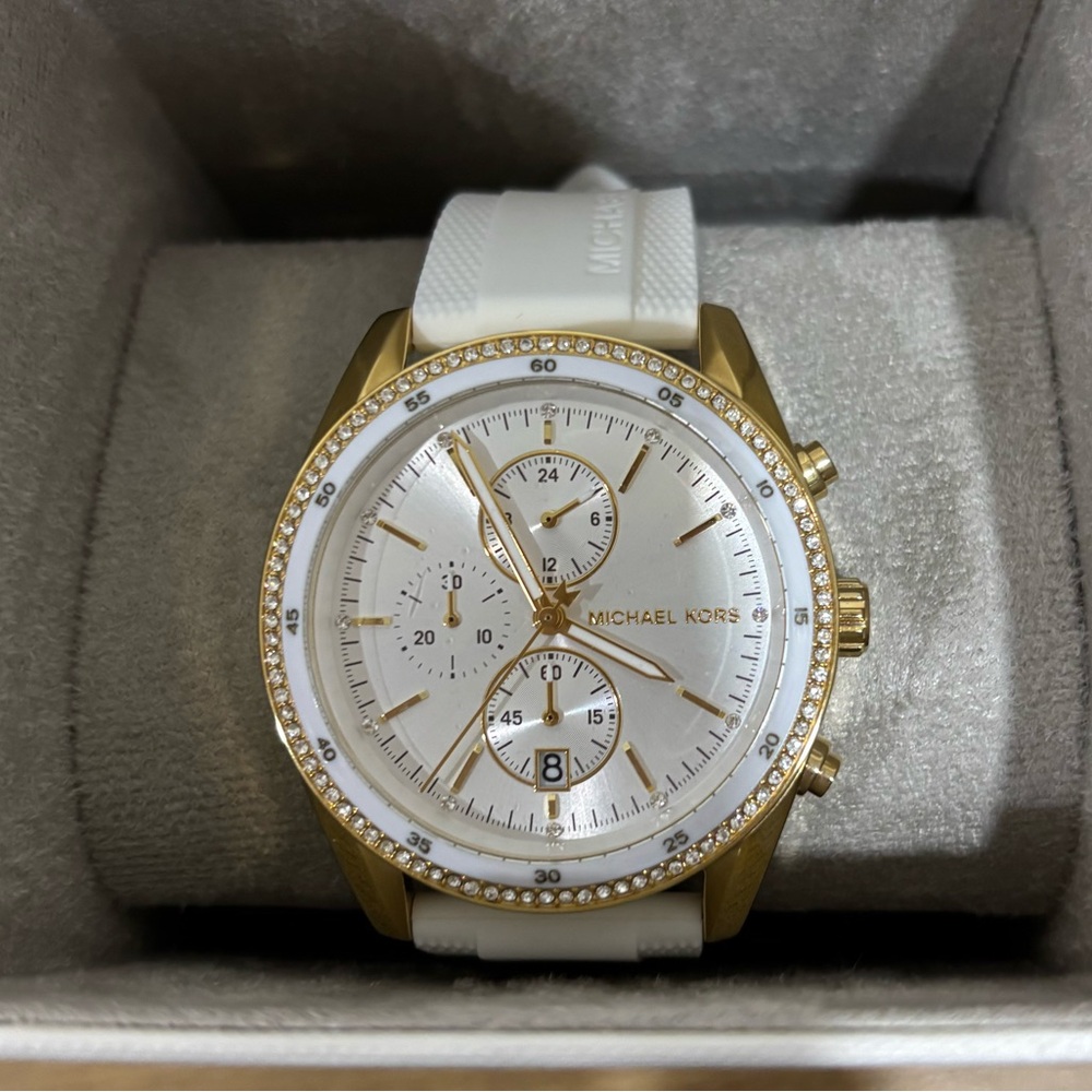 Michael Kors Gold and White Chronograph Women's Watch with White Rubber Band